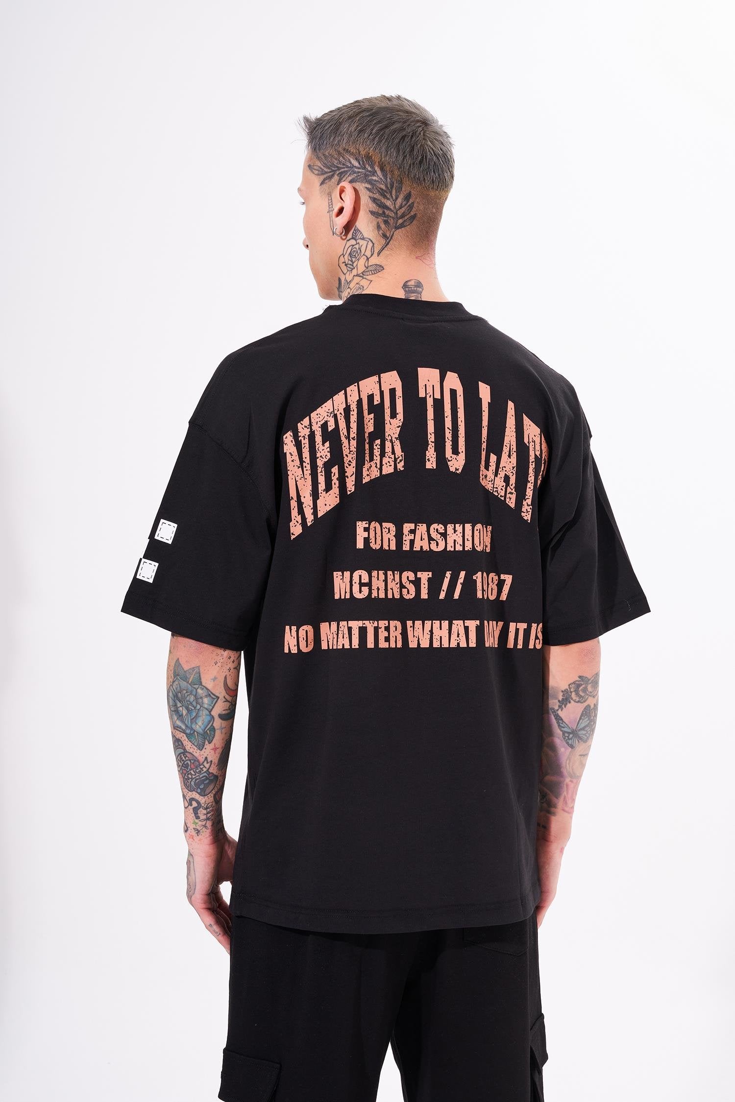 Erkek Never To Late Baskılı Oversize Tişört Siyah