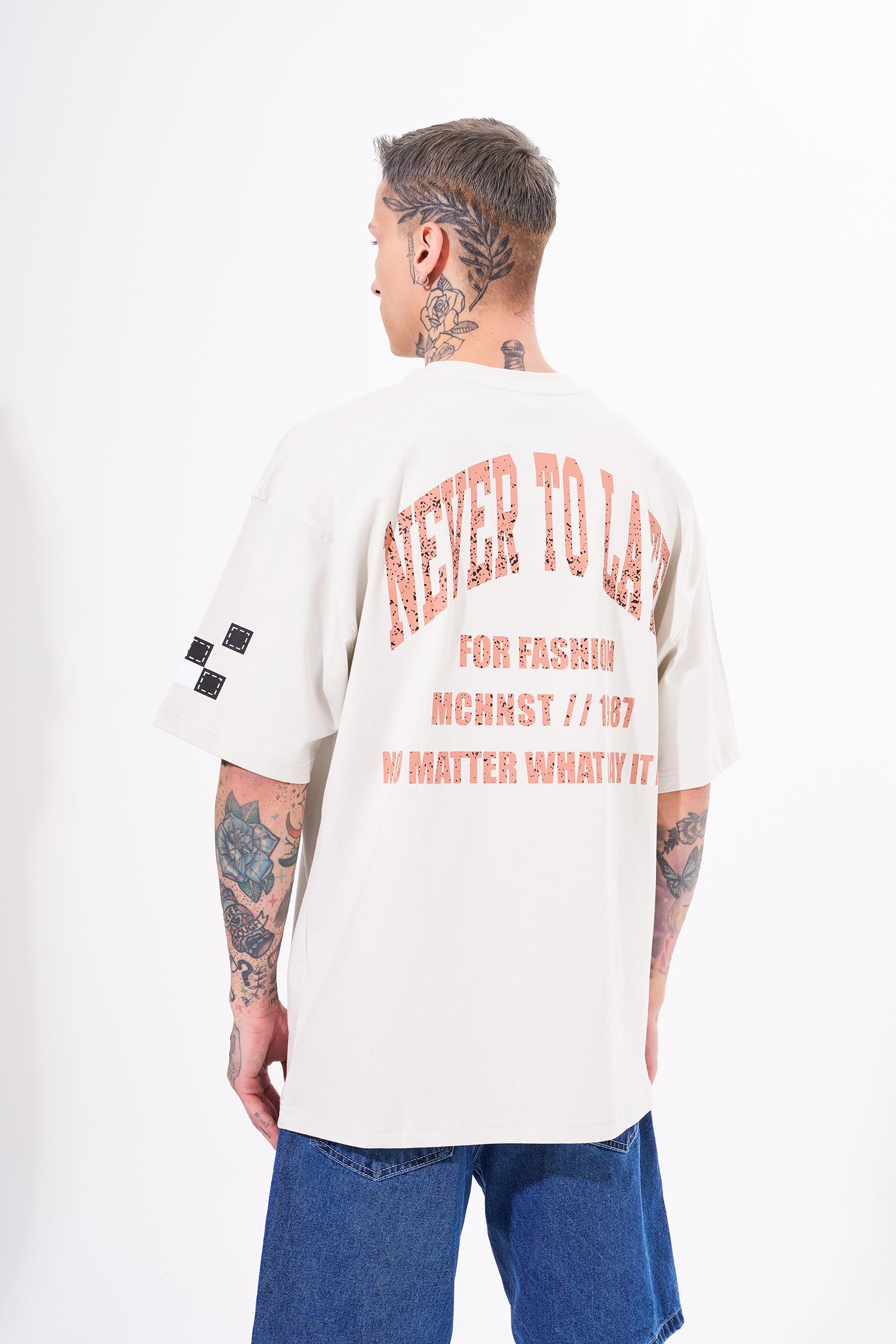Erkek Never To Late Baskılı Oversize Tişört Uzay Grisi