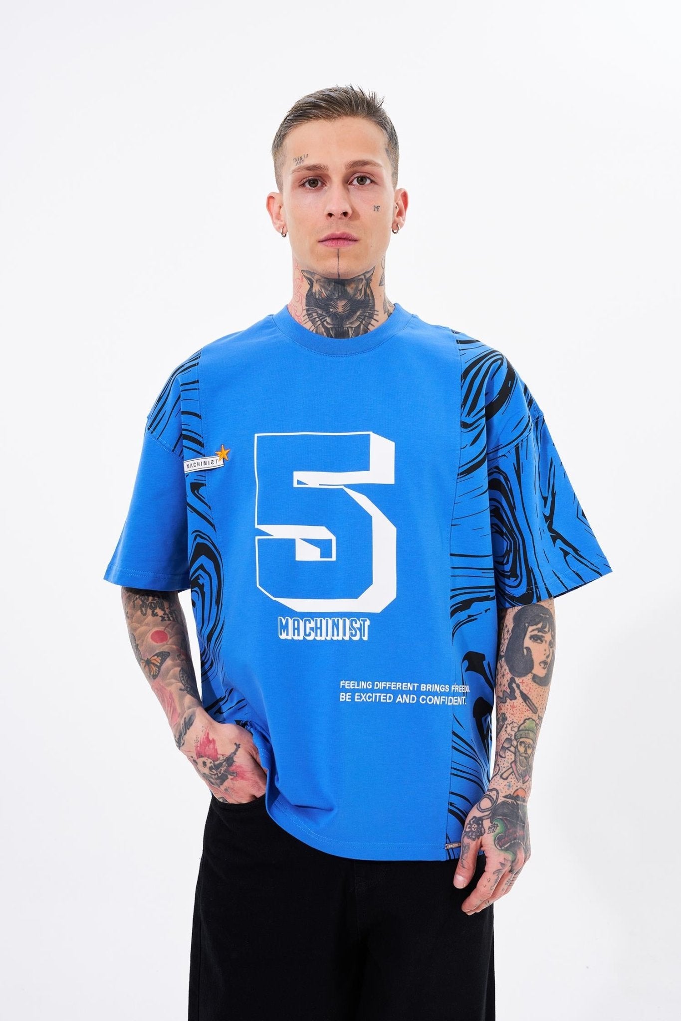 Erkek Number 5 Baskılı Oversize Tişört Açık Mavi