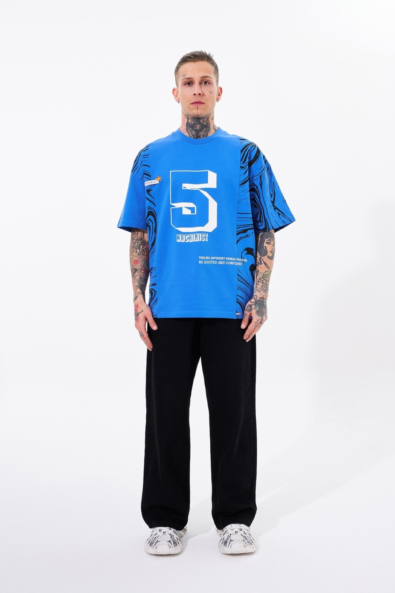 Erkek Number 5 Baskılı Oversize Tişört Açık Mavi