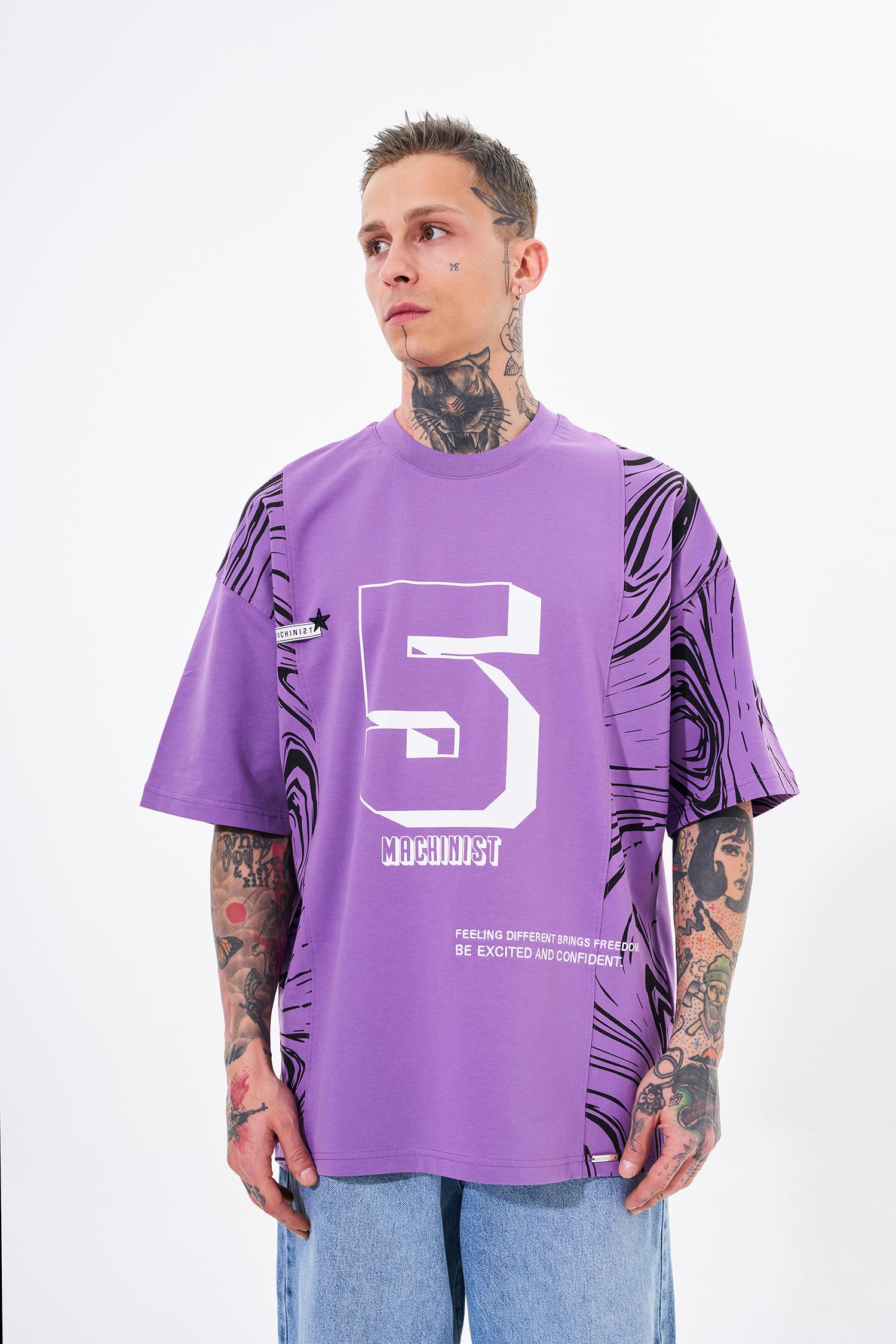 Erkek Number 5 Baskılı Oversize Tişört Mor