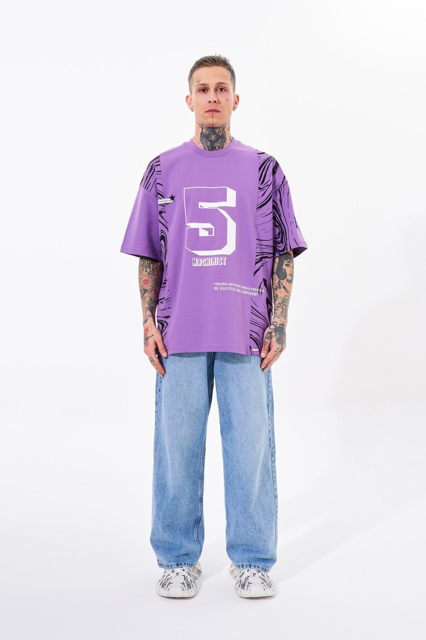 Erkek Number 5 Baskılı Oversize Tişört Mor