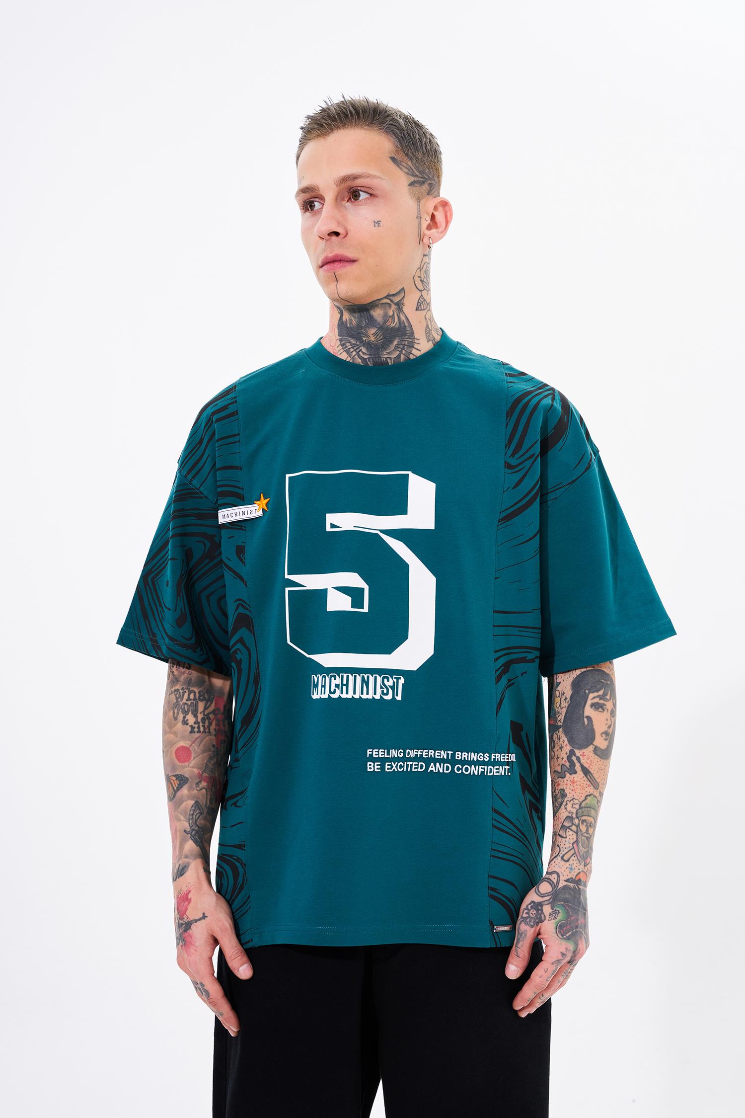 Erkek Number 5 Baskılı Oversize Tişört Yağ Yeşili