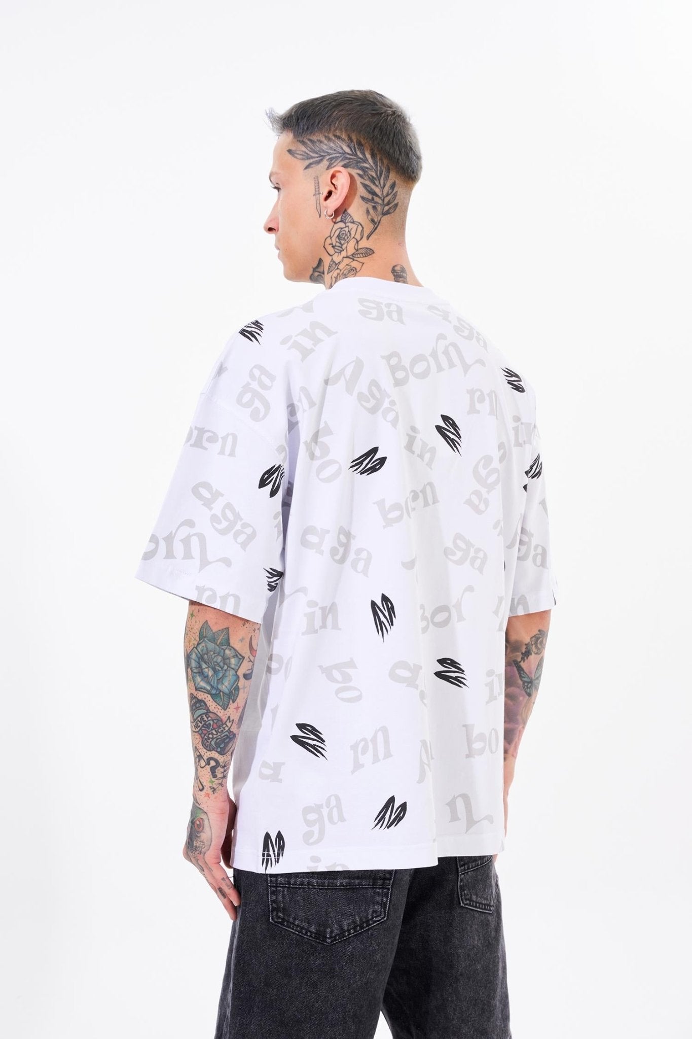 Erkek One Nine 86 Baskılı Oversize Tişört Beyaz