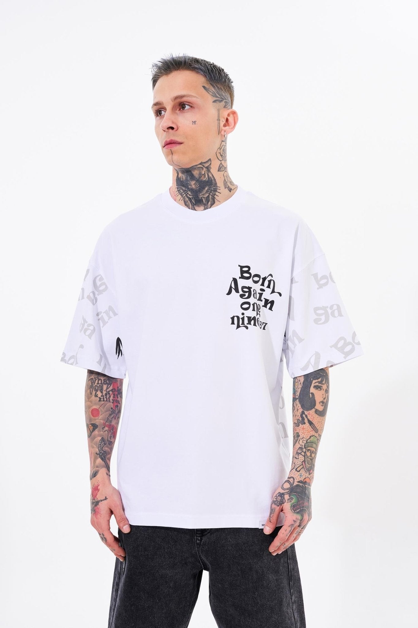 Erkek One Nine 86 Baskılı Oversize Tişört Beyaz
