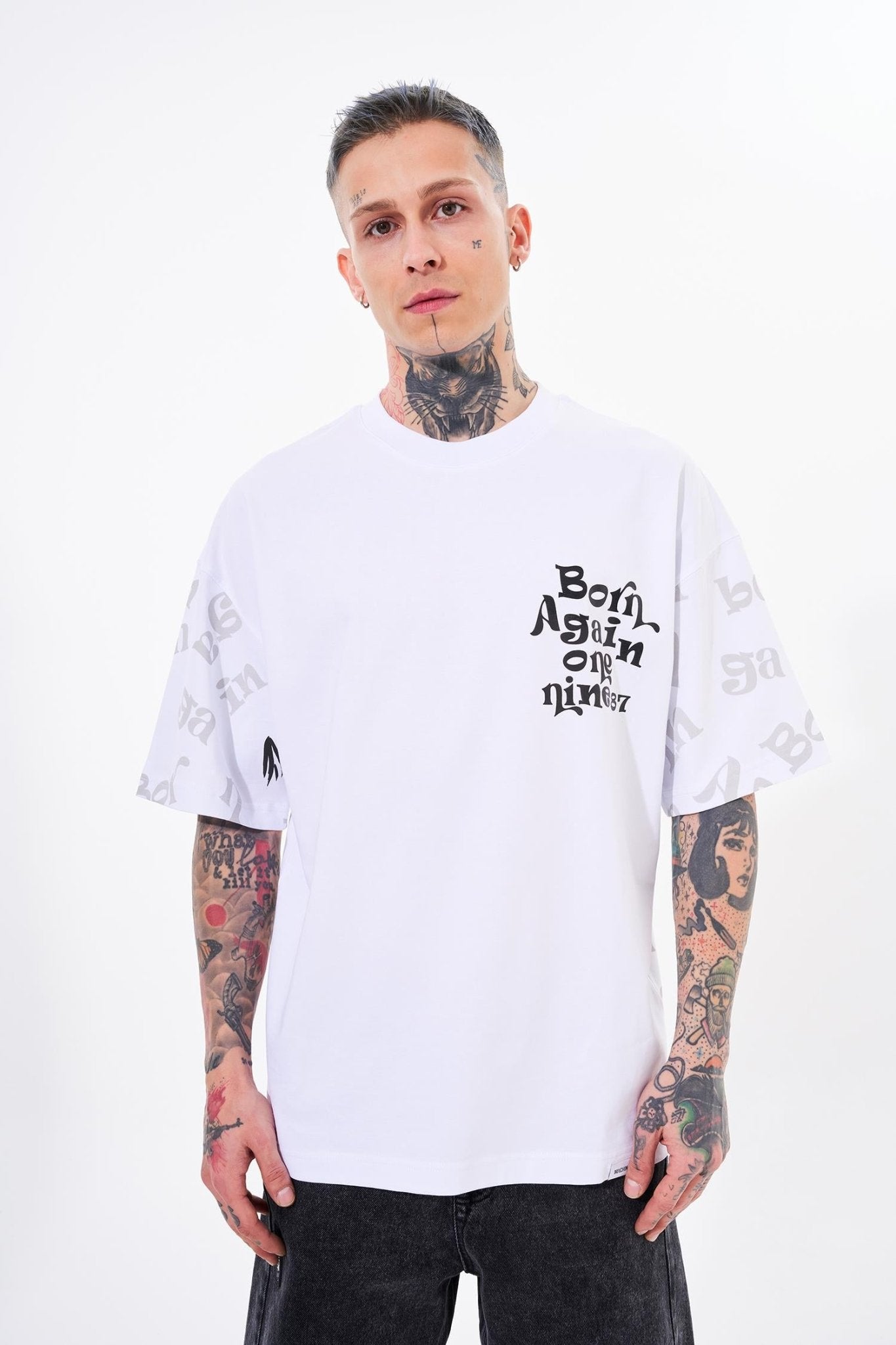 Erkek One Nine 86 Baskılı Oversize Tişört Beyaz
