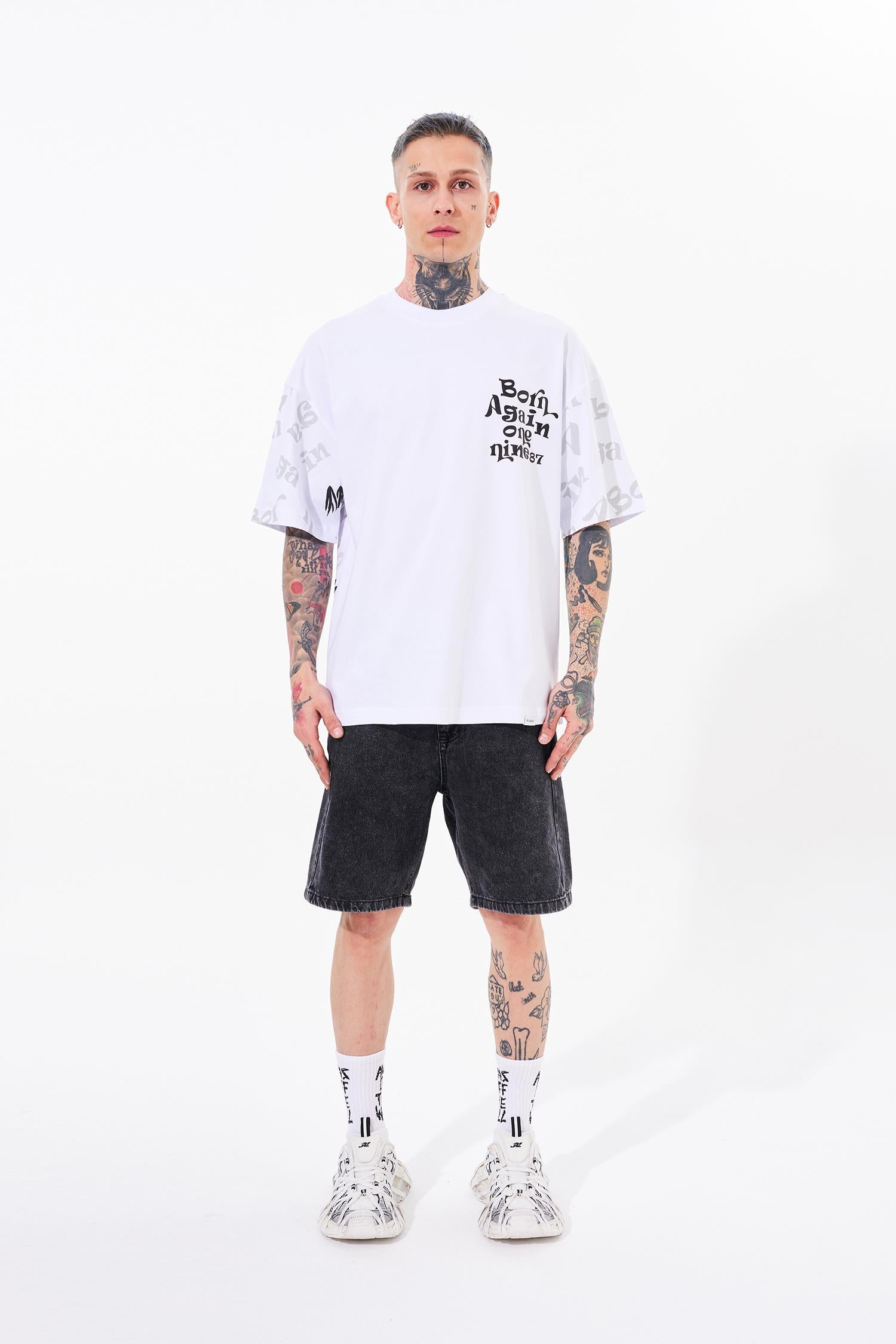 Erkek One Nine 86 Baskılı Oversize Tişört Beyaz