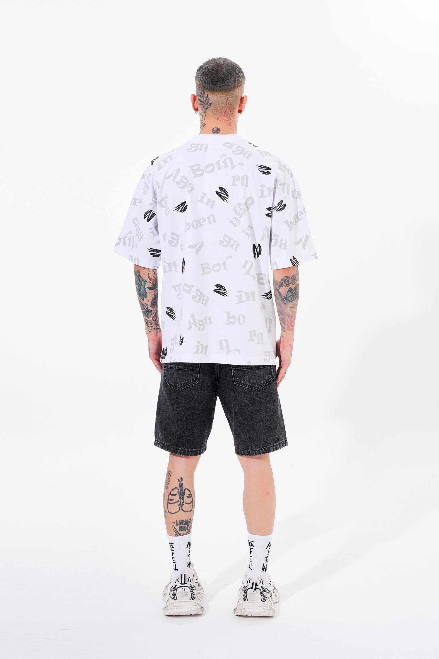 Erkek One Nine 86 Baskılı Oversize Tişört Beyaz