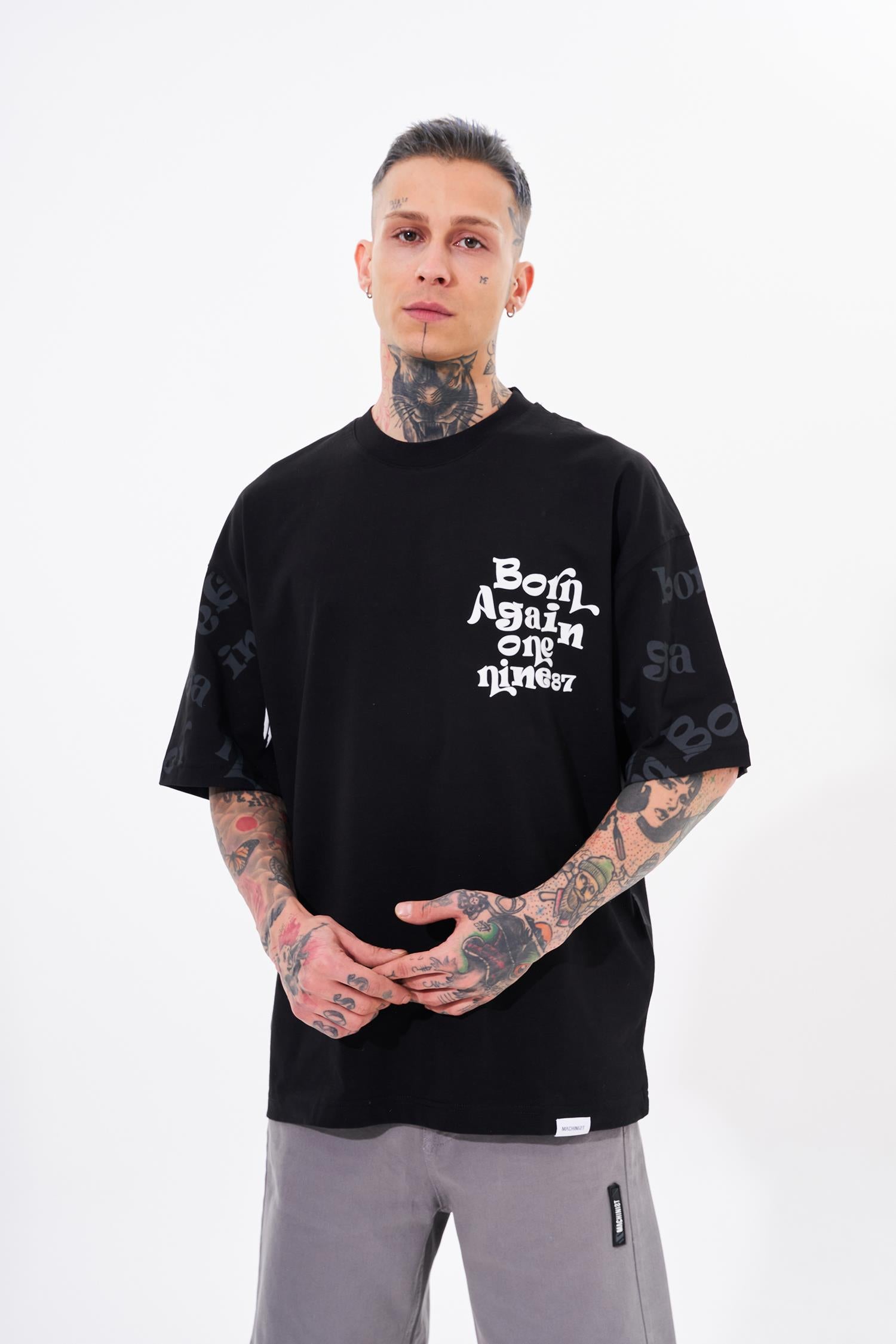 Erkek One Nine 86 Baskılı Oversize Tişört Siyah