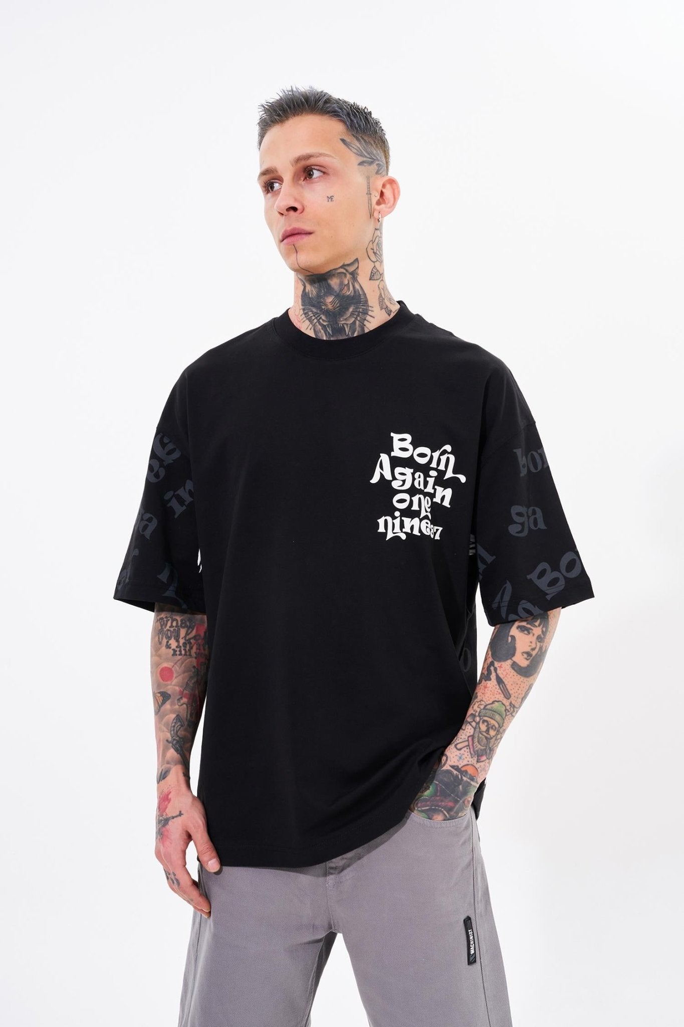 Erkek One Nine 86 Baskılı Oversize Tişört Siyah