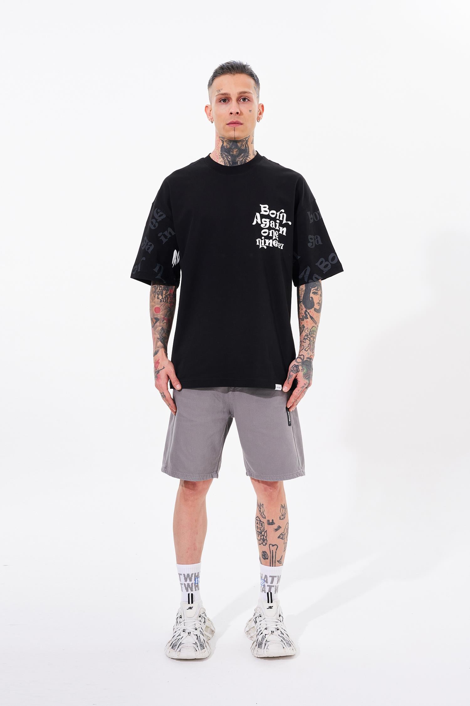 Erkek One Nine 86 Baskılı Oversize Tişört Siyah