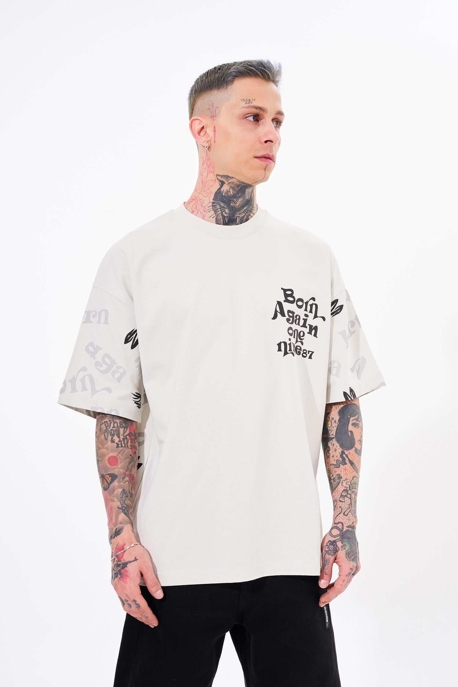 Erkek One Nine 86 Baskılı Oversize Tişört Uzay Grisi