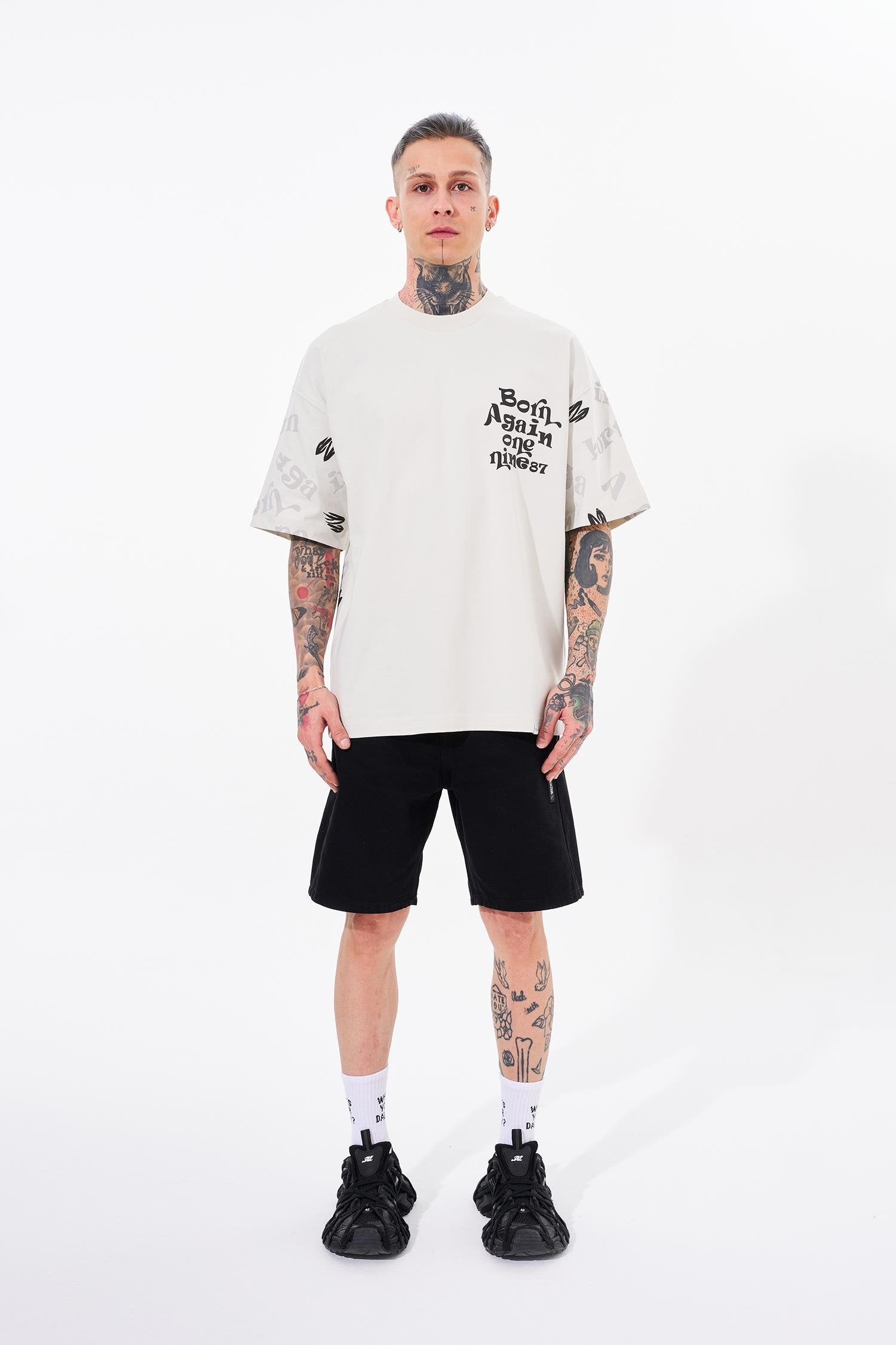 Erkek One Nine 86 Baskılı Oversize Tişört Uzay Grisi