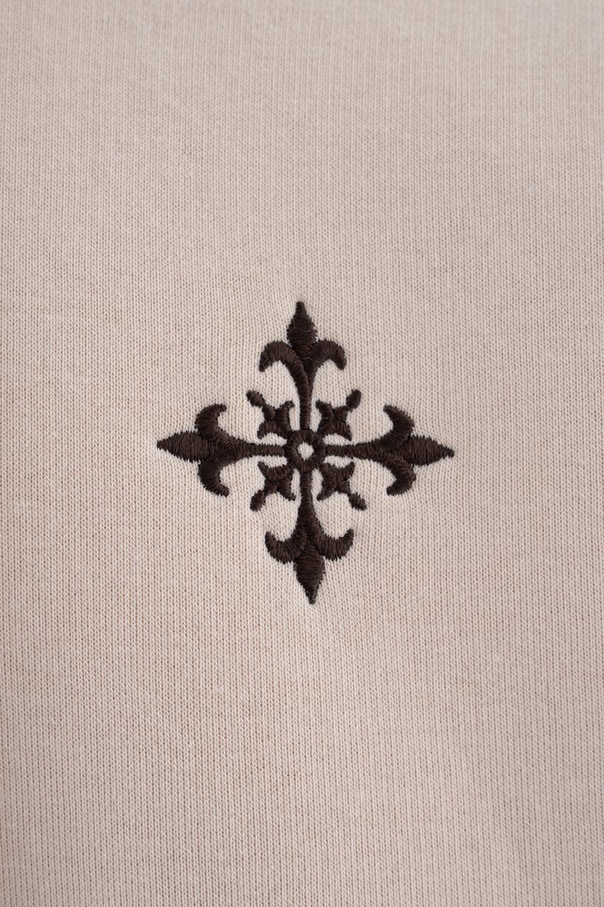 Erkek Ornamental Nakışlı Şardonlu Kapüşonlu Sweatshirt Açık Bej