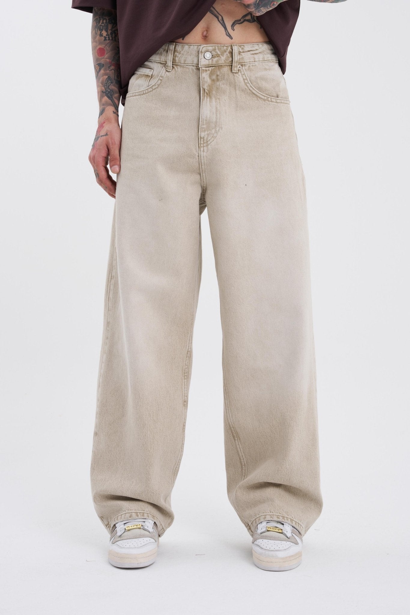 Erkek Oversize Baggy Jean Pantolon Bej