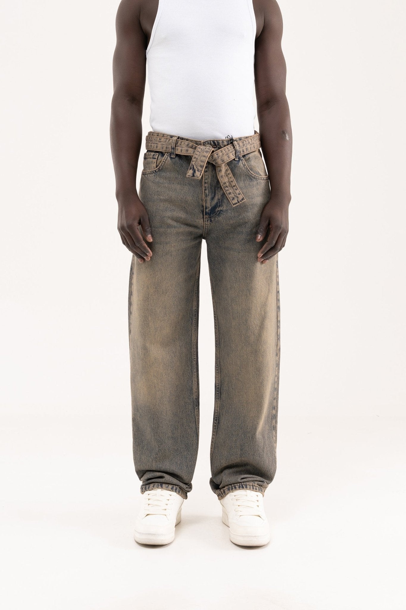 Erkek Oversize Baggy Yıkamalı Jean Pantolon Açık Kahverengi