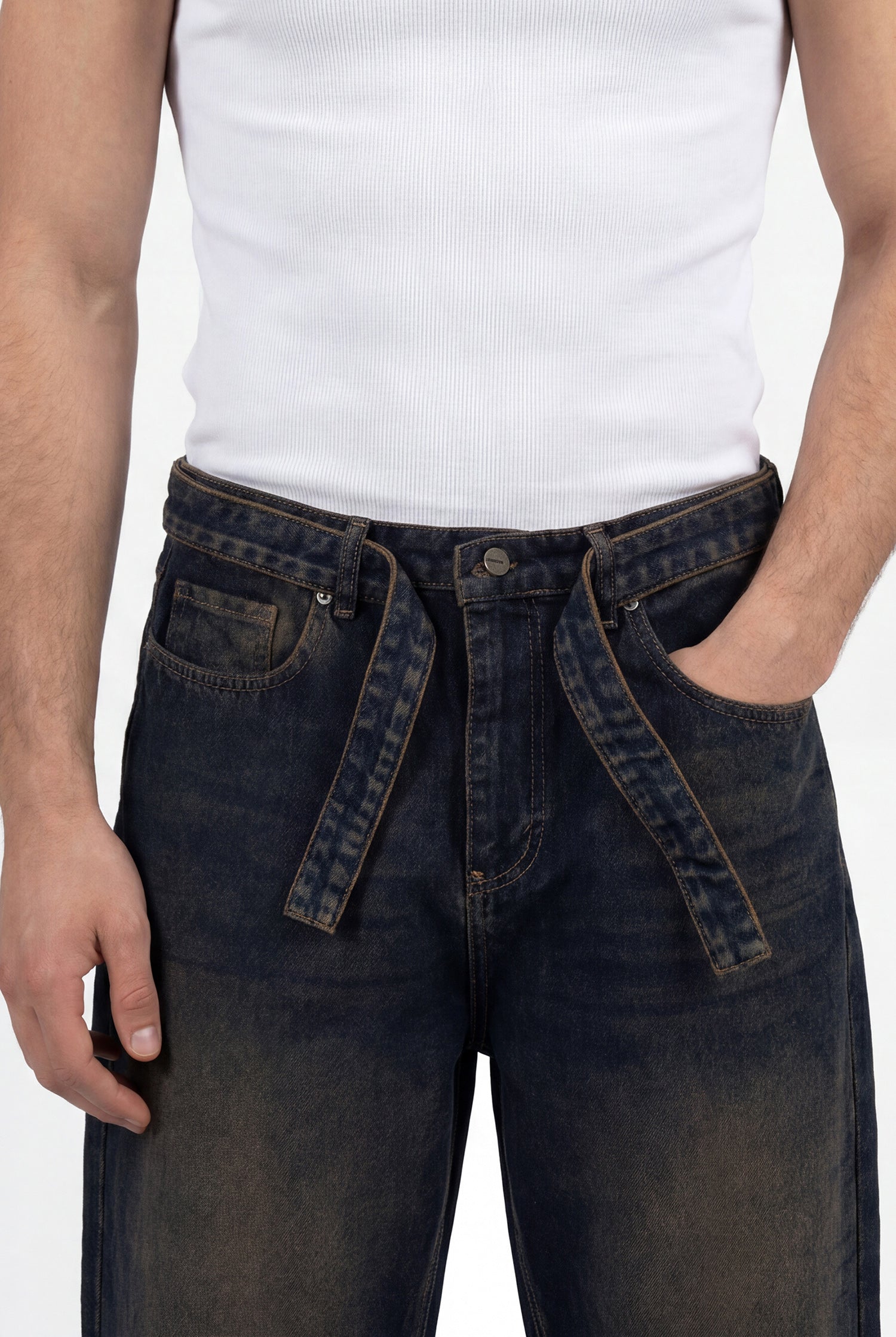 Erkek Oversize Baggy Yıkamalı Jean Pantolon Kahverengi-Mavi