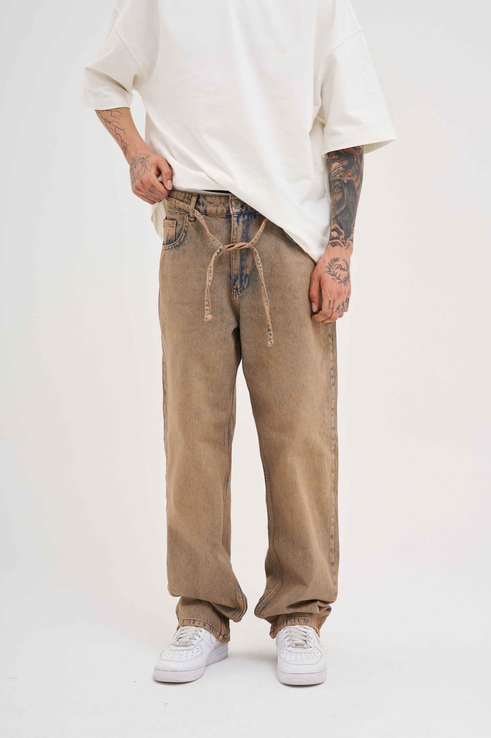 Erkek Oversize Baggy Yıkamalı Jean Pantolon Koyu Bej