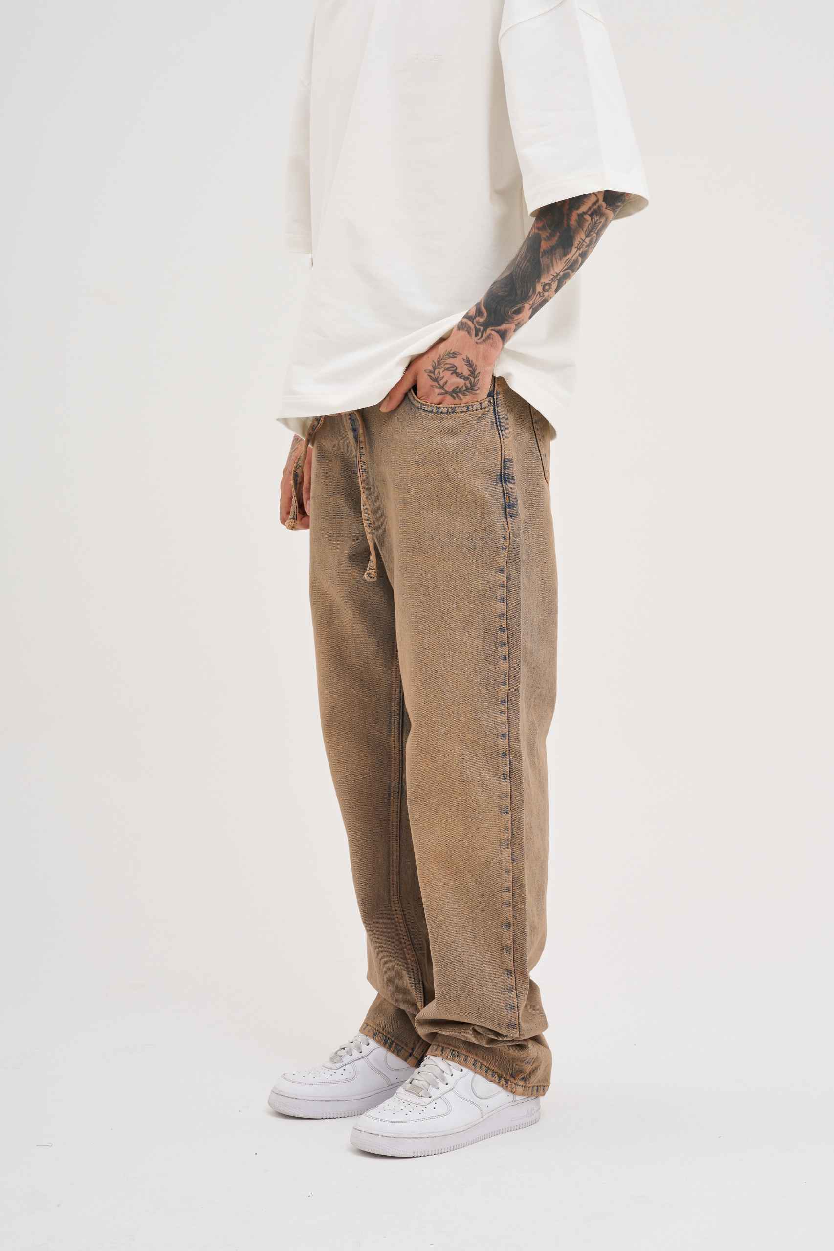 Erkek Oversize Baggy Yıkamalı Jean Pantolon Koyu Bej