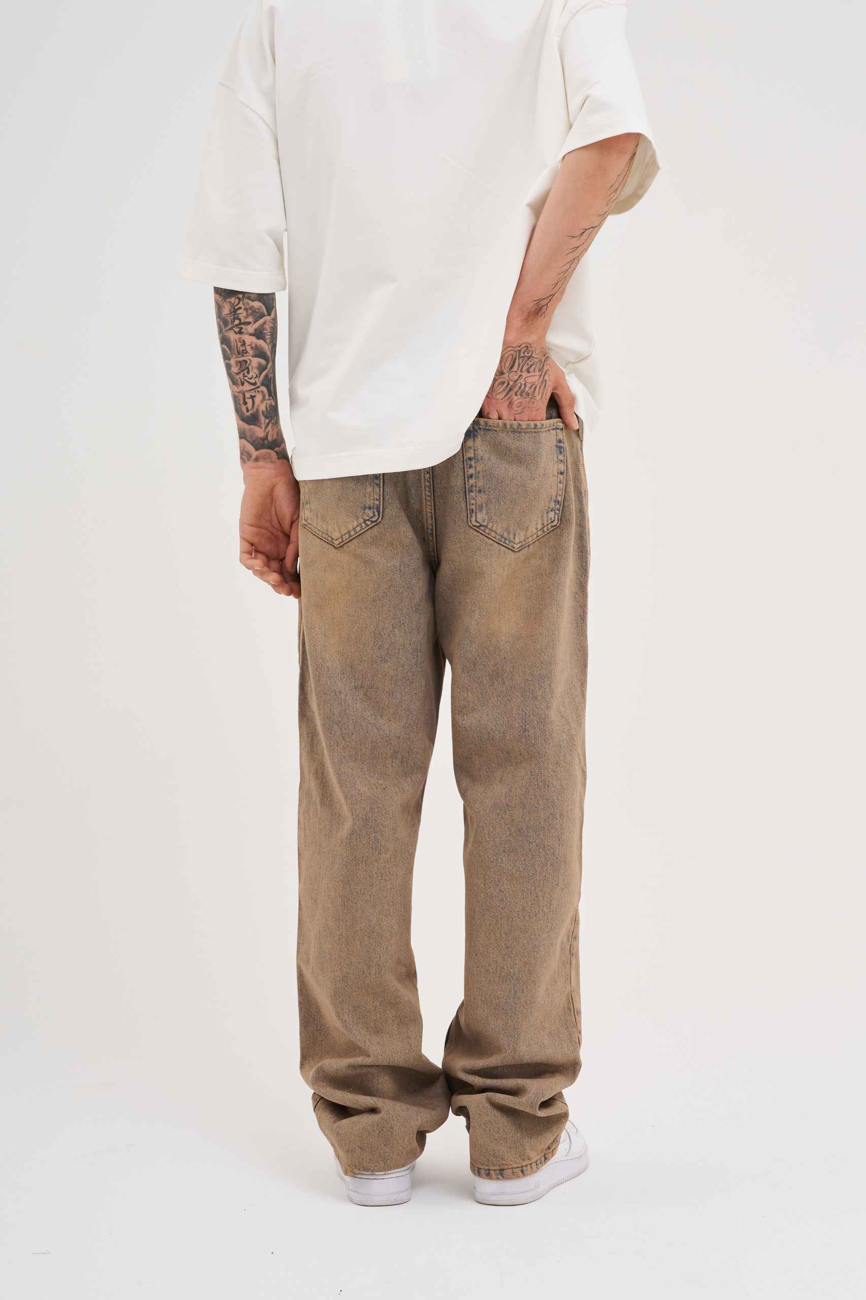 Erkek Oversize Baggy Yıkamalı Jean Pantolon Koyu Bej