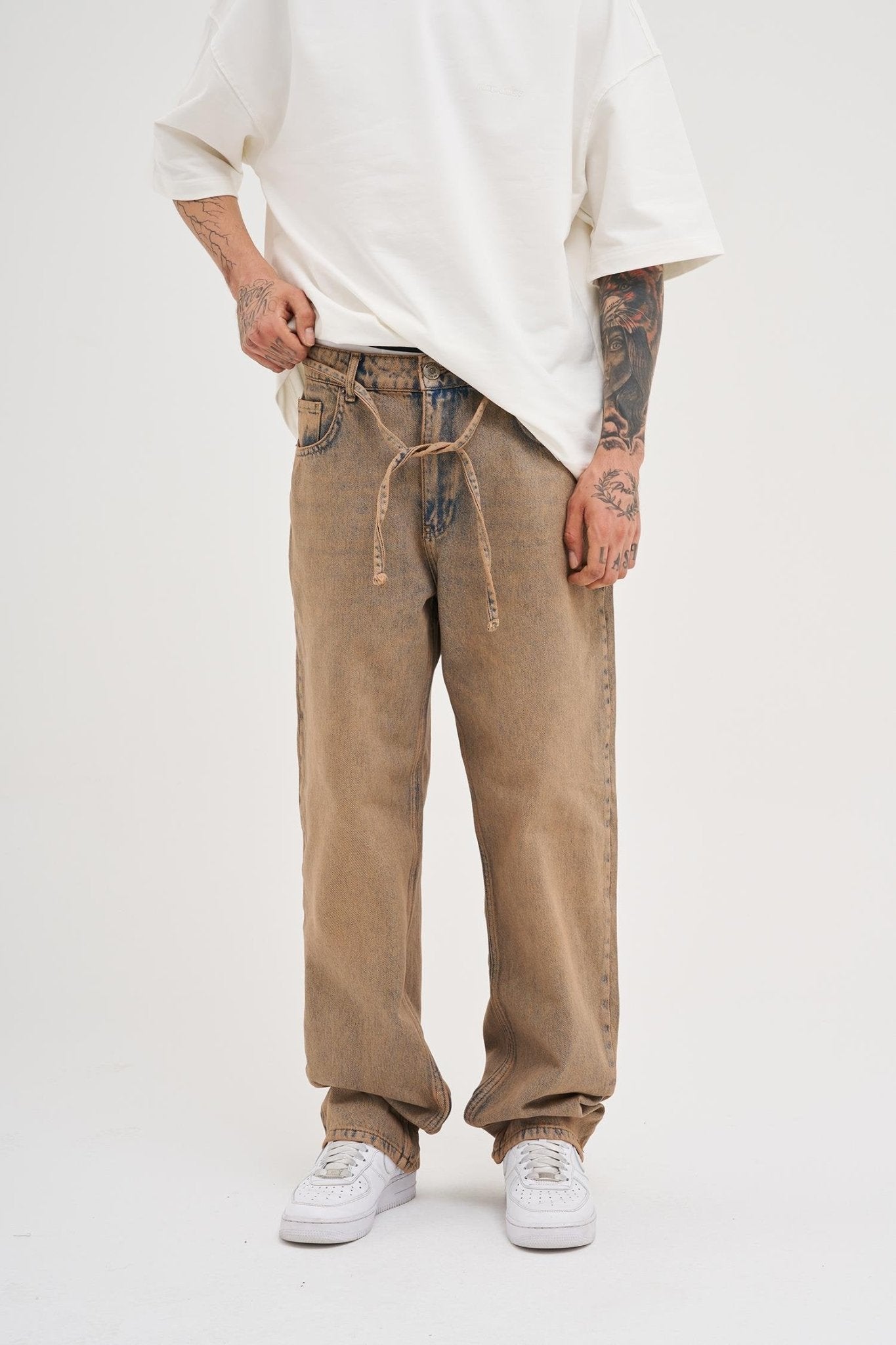 Erkek Oversize Baggy Yıkamalı Jean Pantolon Koyu Bej