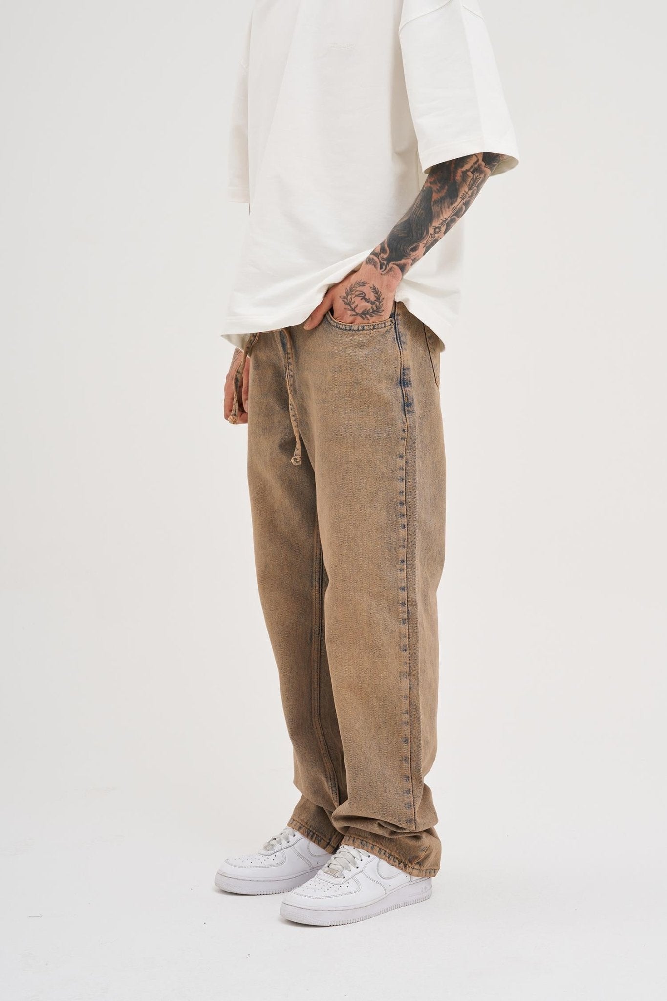 Erkek Oversize Baggy Yıkamalı Jean Pantolon Koyu Bej