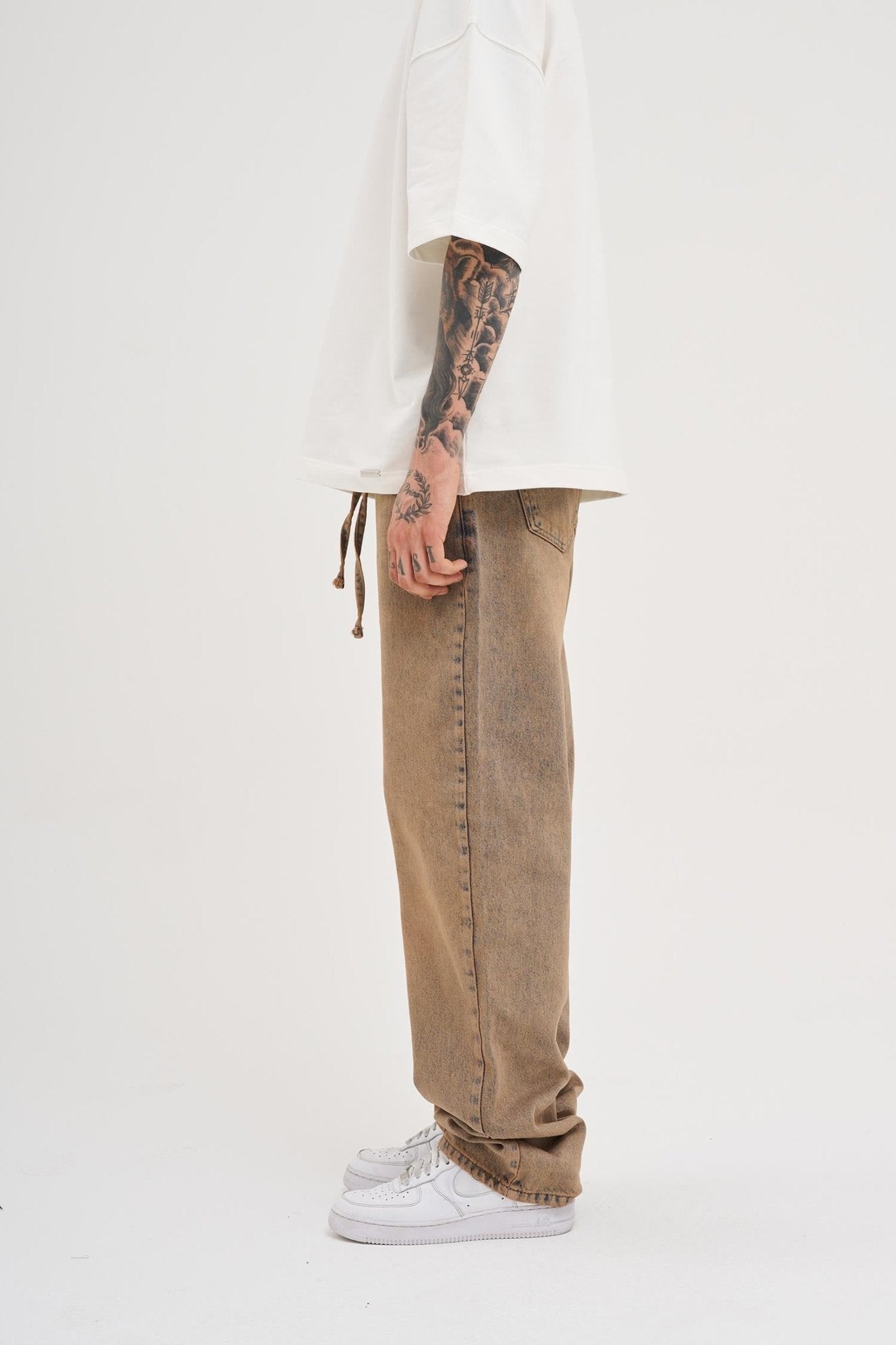 Erkek Oversize Baggy Yıkamalı Jean Pantolon Koyu Bej