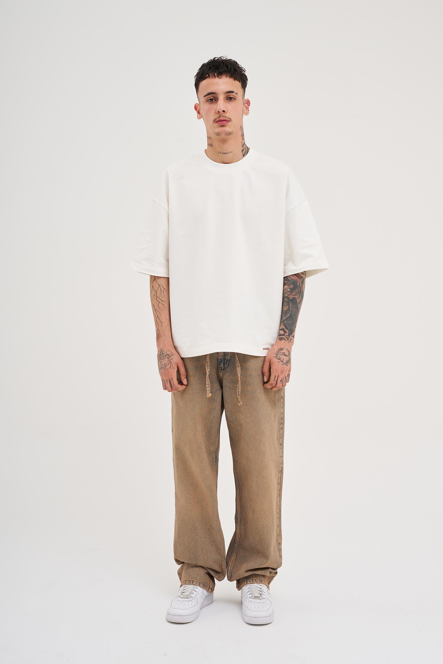 Erkek Oversize Baggy Yıkamalı Jean Pantolon Koyu Bej