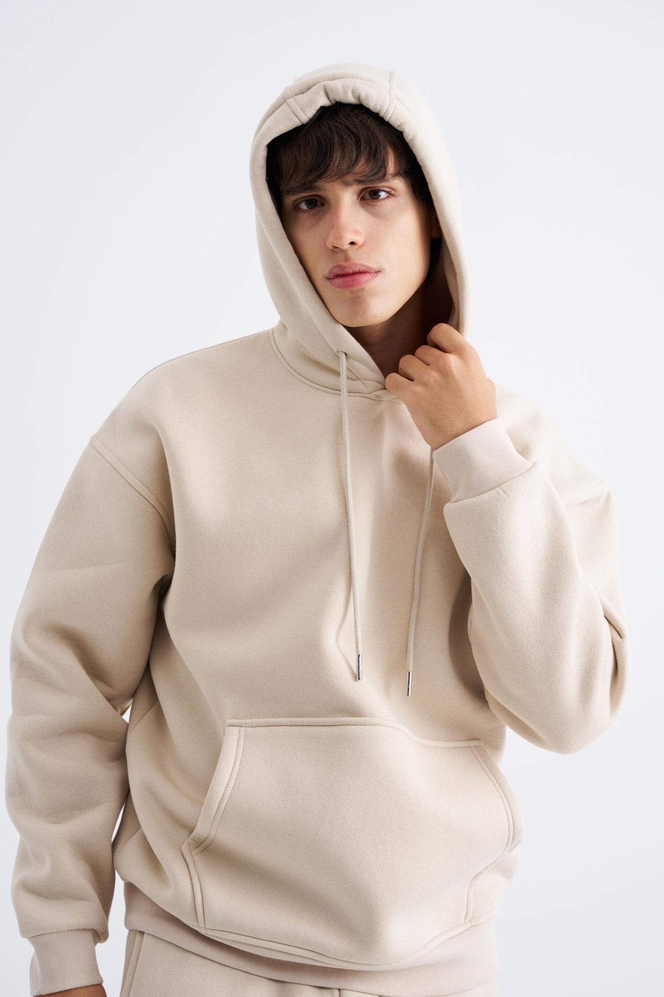 Erkek Oversize Basic Kapüşonlu Sweatshirt Açık Bej