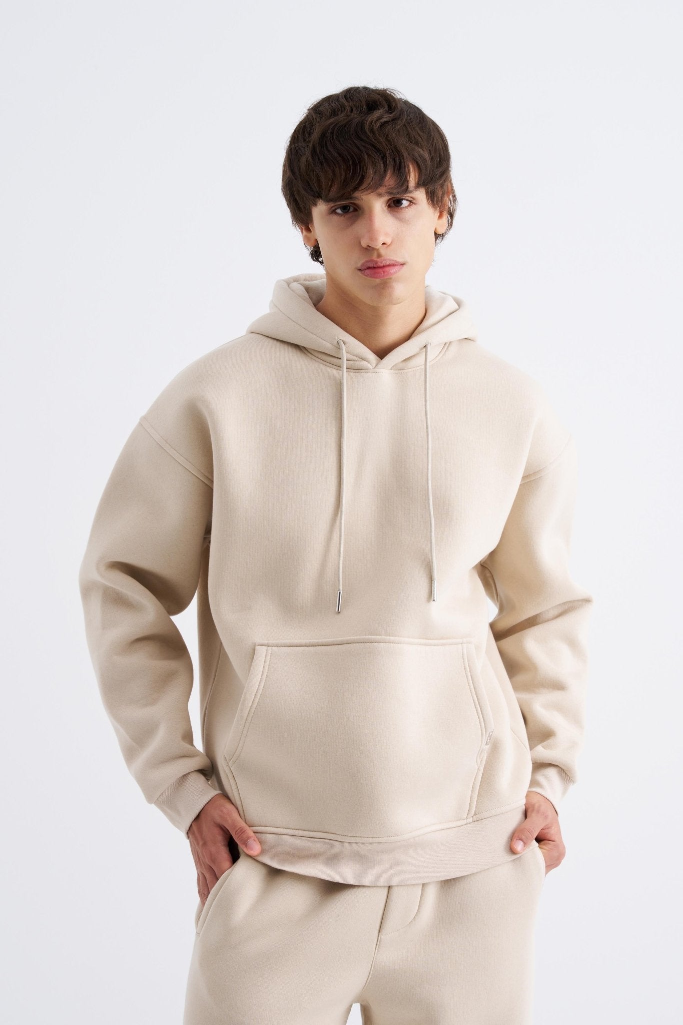 Erkek Oversize Basic Kapüşonlu Sweatshirt Açık Bej