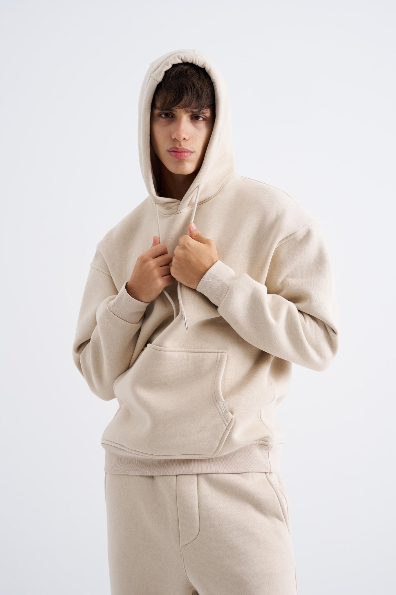 Erkek Oversize Basic Kapüşonlu Sweatshirt Açık Bej
