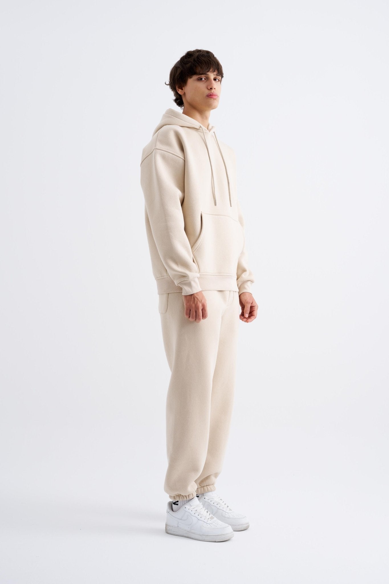 Erkek Oversize Basic Kapüşonlu Sweatshirt Açık Bej