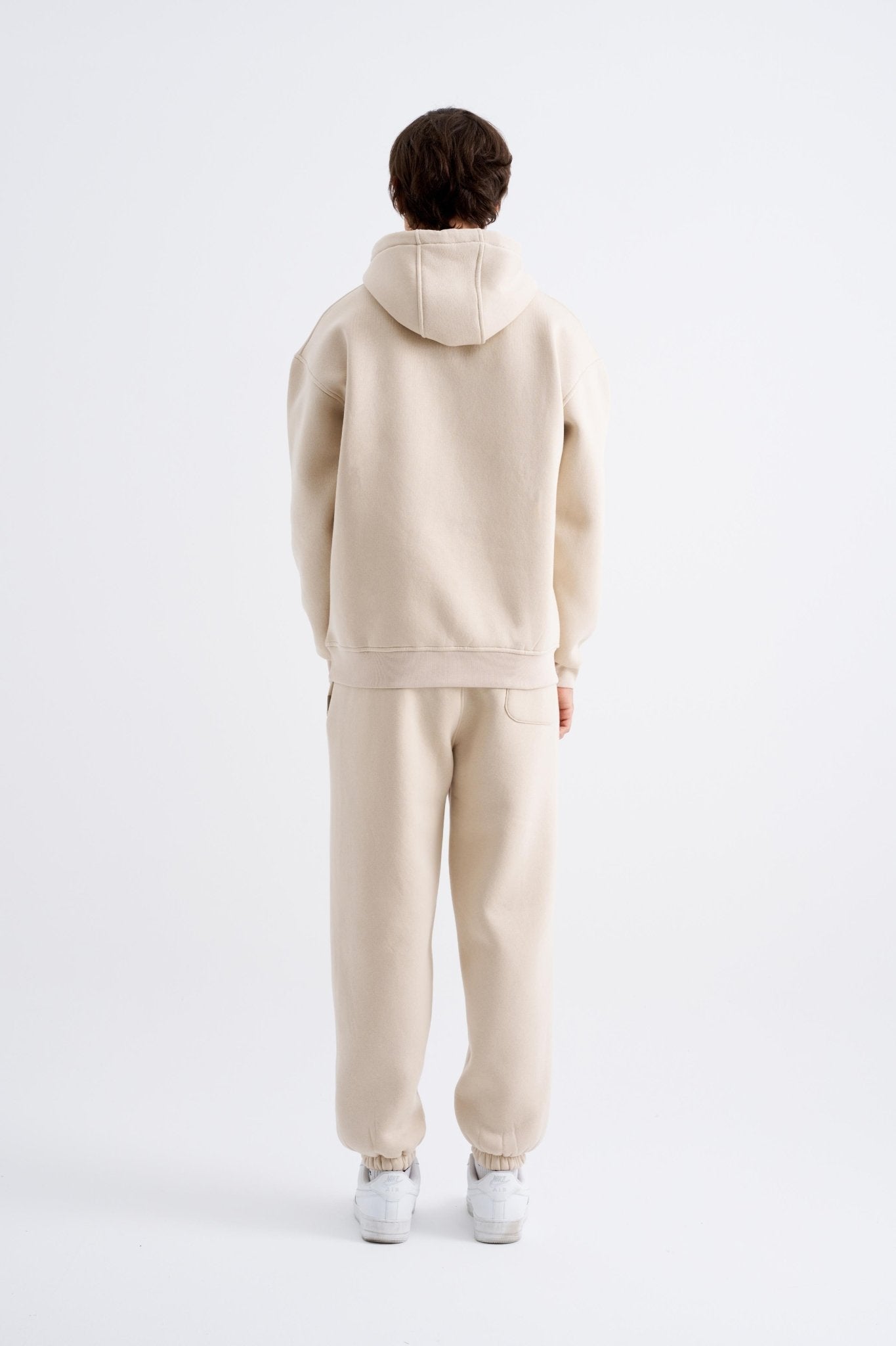 Erkek Oversize Basic Kapüşonlu Sweatshirt Açık Bej