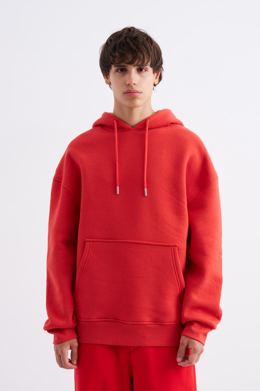 Erkek Oversize Basic Kapüşonlu Sweatshirt Açık Kırmızı