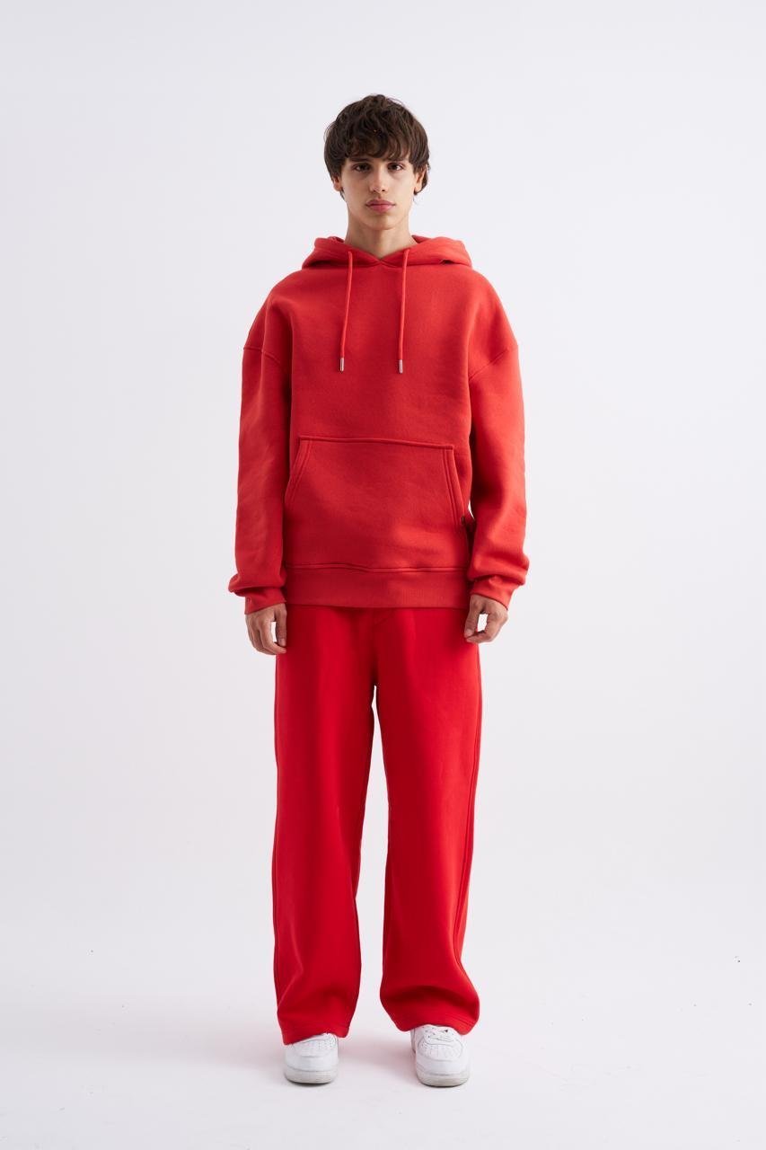 Erkek Oversize Basic Kapüşonlu Sweatshirt Açık Kırmızı