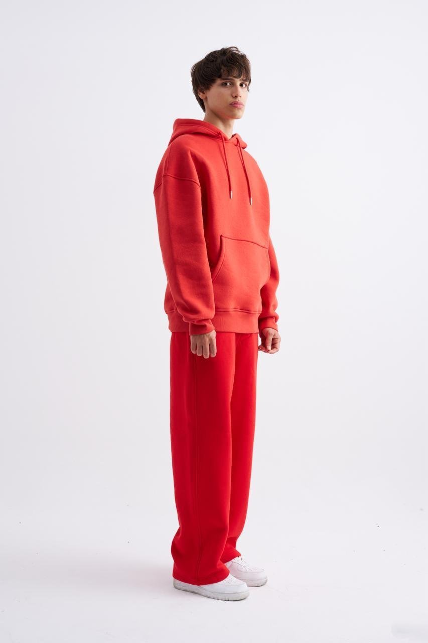 Erkek Oversize Basic Kapüşonlu Sweatshirt Açık Kırmızı