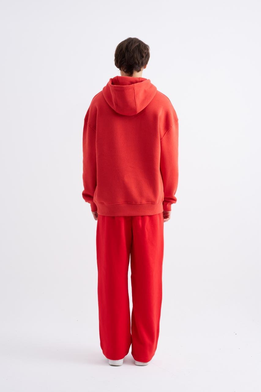 Erkek Oversize Basic Kapüşonlu Sweatshirt Açık Kırmızı