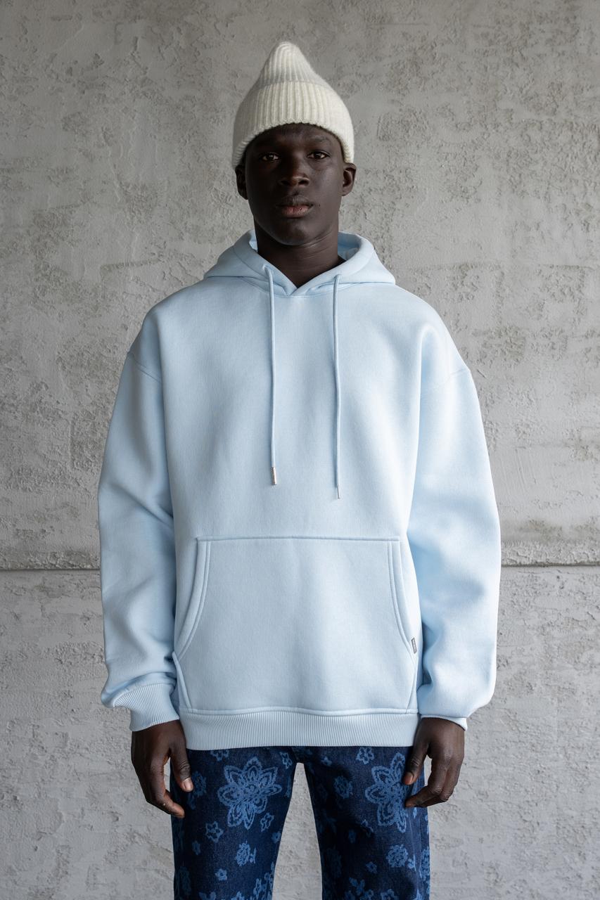Erkek Oversize Basic Kapüşonlu Sweatshirt Açık Mavi