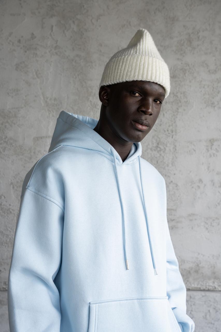 Erkek Oversize Basic Kapüşonlu Sweatshirt Açık Mavi