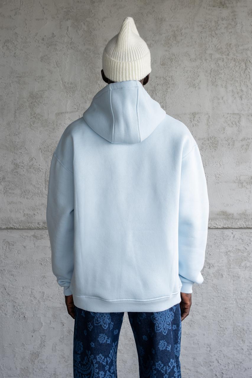 Erkek Oversize Basic Kapüşonlu Sweatshirt Açık Mavi