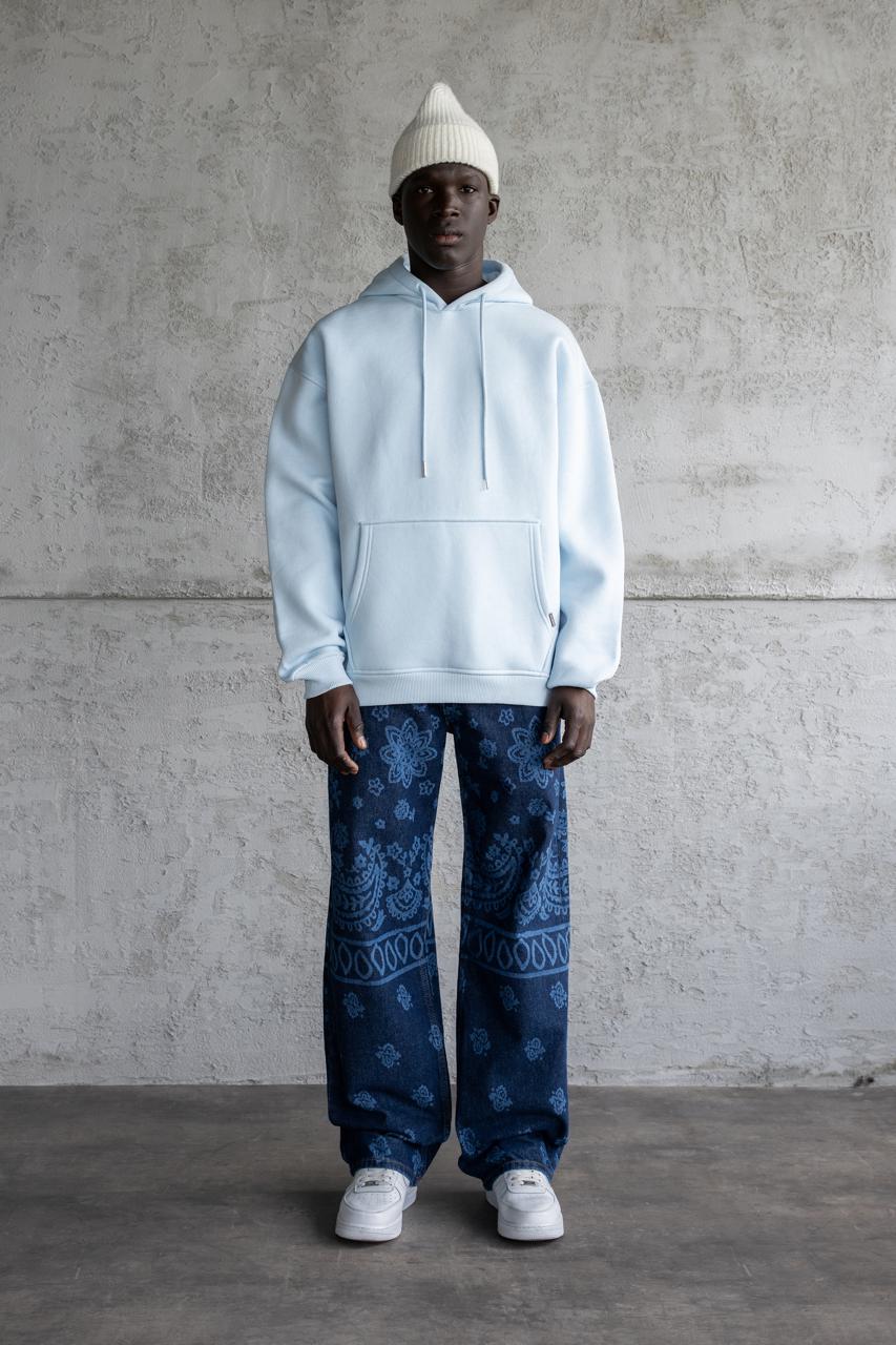 Erkek Oversize Basic Kapüşonlu Sweatshirt Açık Mavi