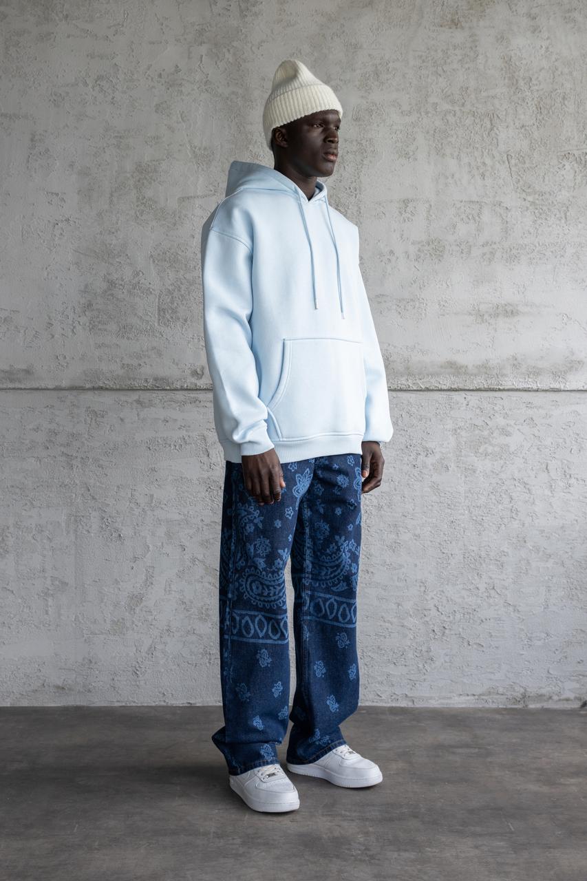 Erkek Oversize Basic Kapüşonlu Sweatshirt Açık Mavi