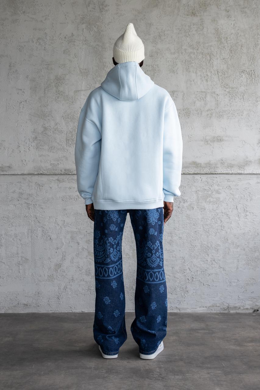 Erkek Oversize Basic Kapüşonlu Sweatshirt Açık Mavi