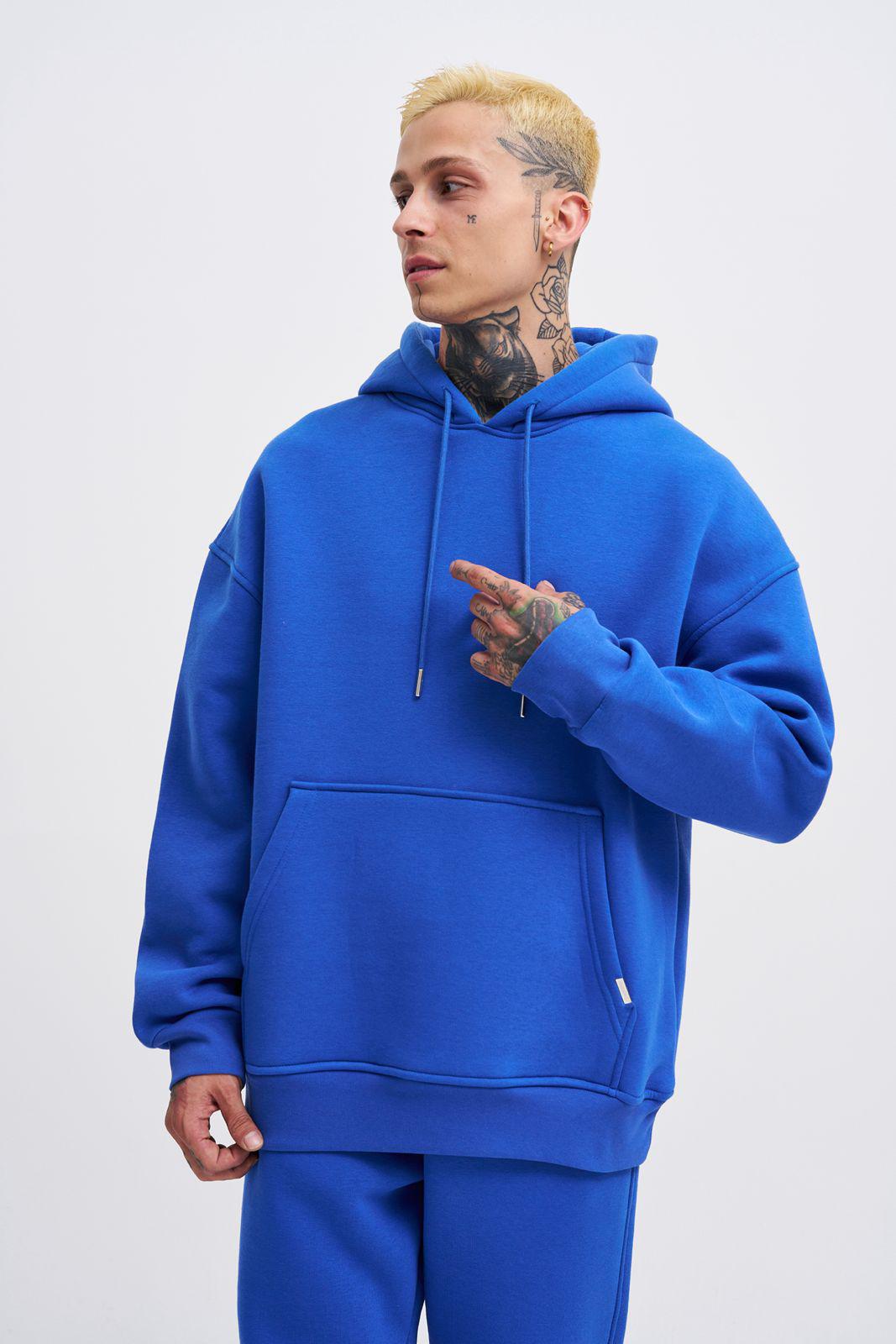 Erkek Oversize Basic Kapüşonlu Sweatshirt Açık Mavi