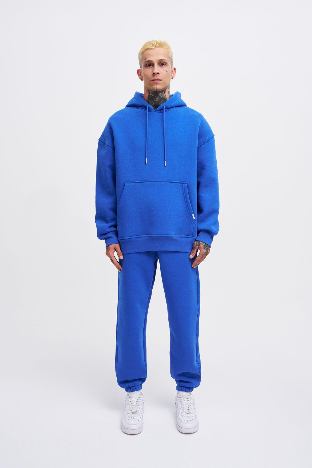 Erkek Oversize Basic Kapüşonlu Sweatshirt Açık Mavi