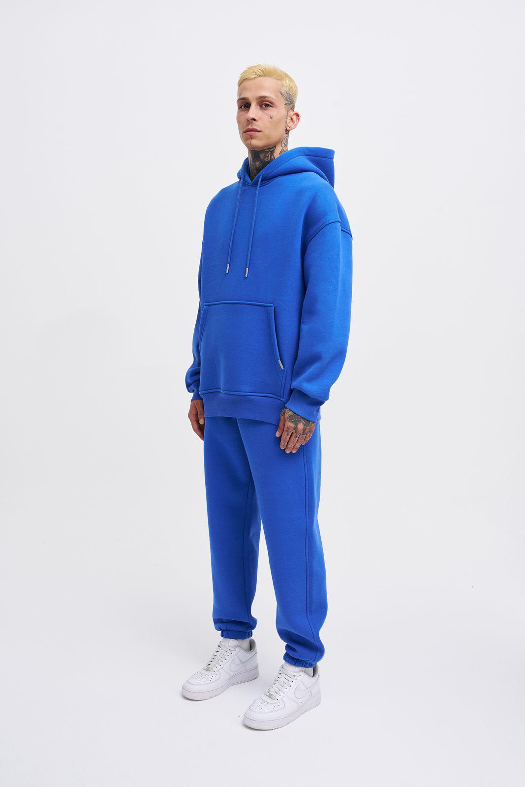 Erkek Oversize Basic Kapüşonlu Sweatshirt Açık Mavi