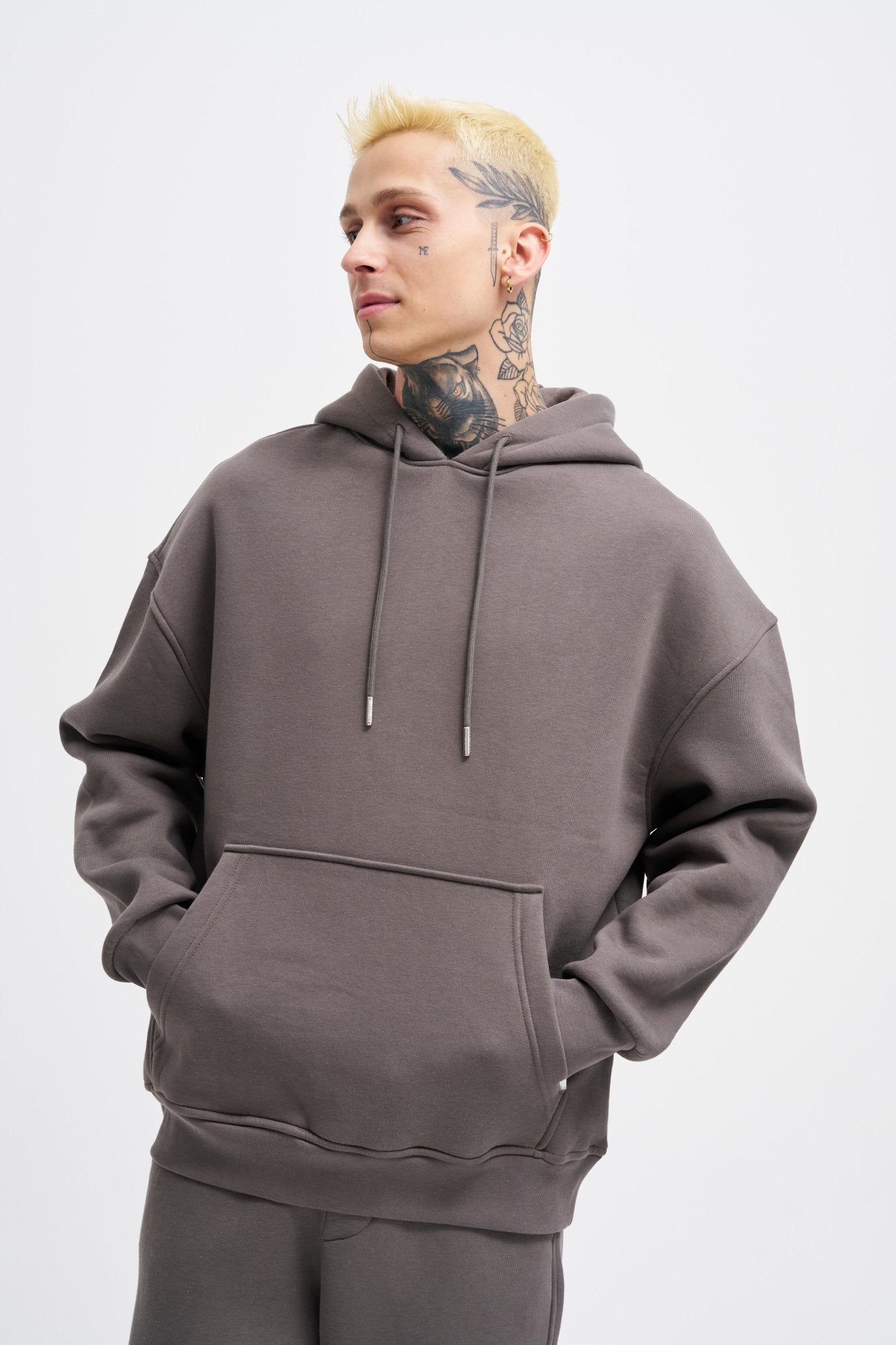 Erkek Oversize Basic Kapüşonlu Sweatshirt Antrasit