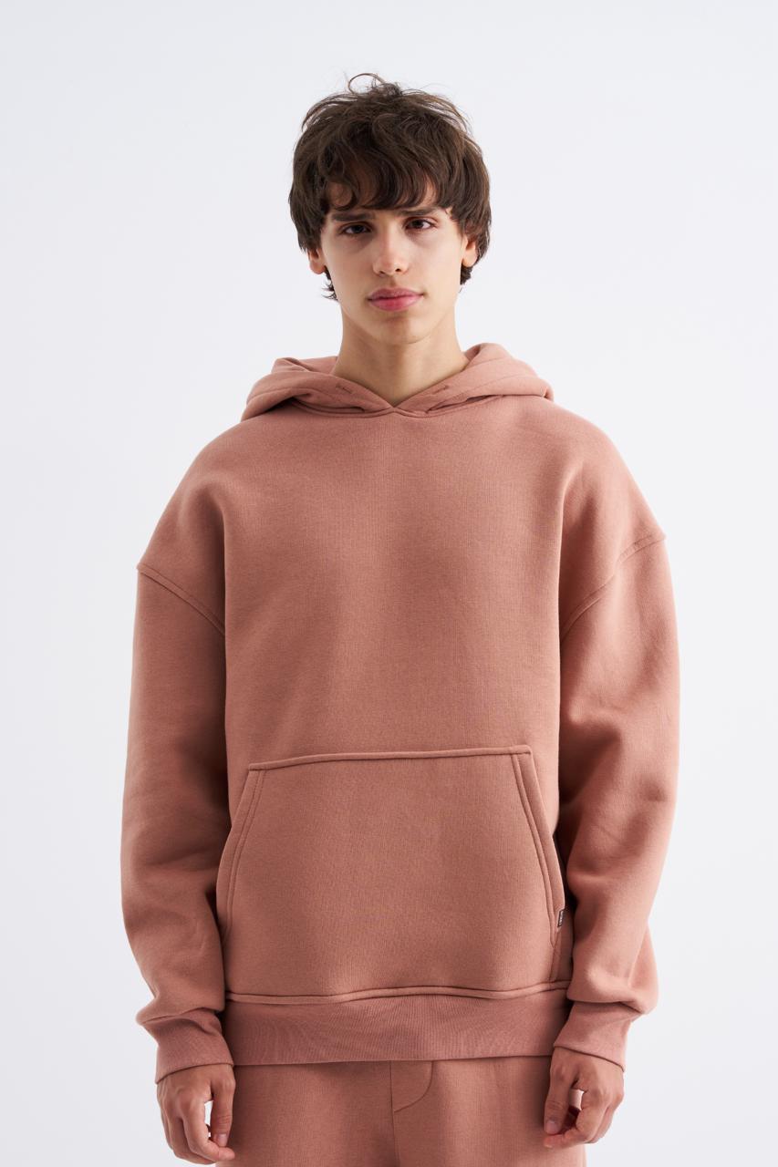 Erkek Oversize Basic Kapüşonlu Sweatshirt Bakır