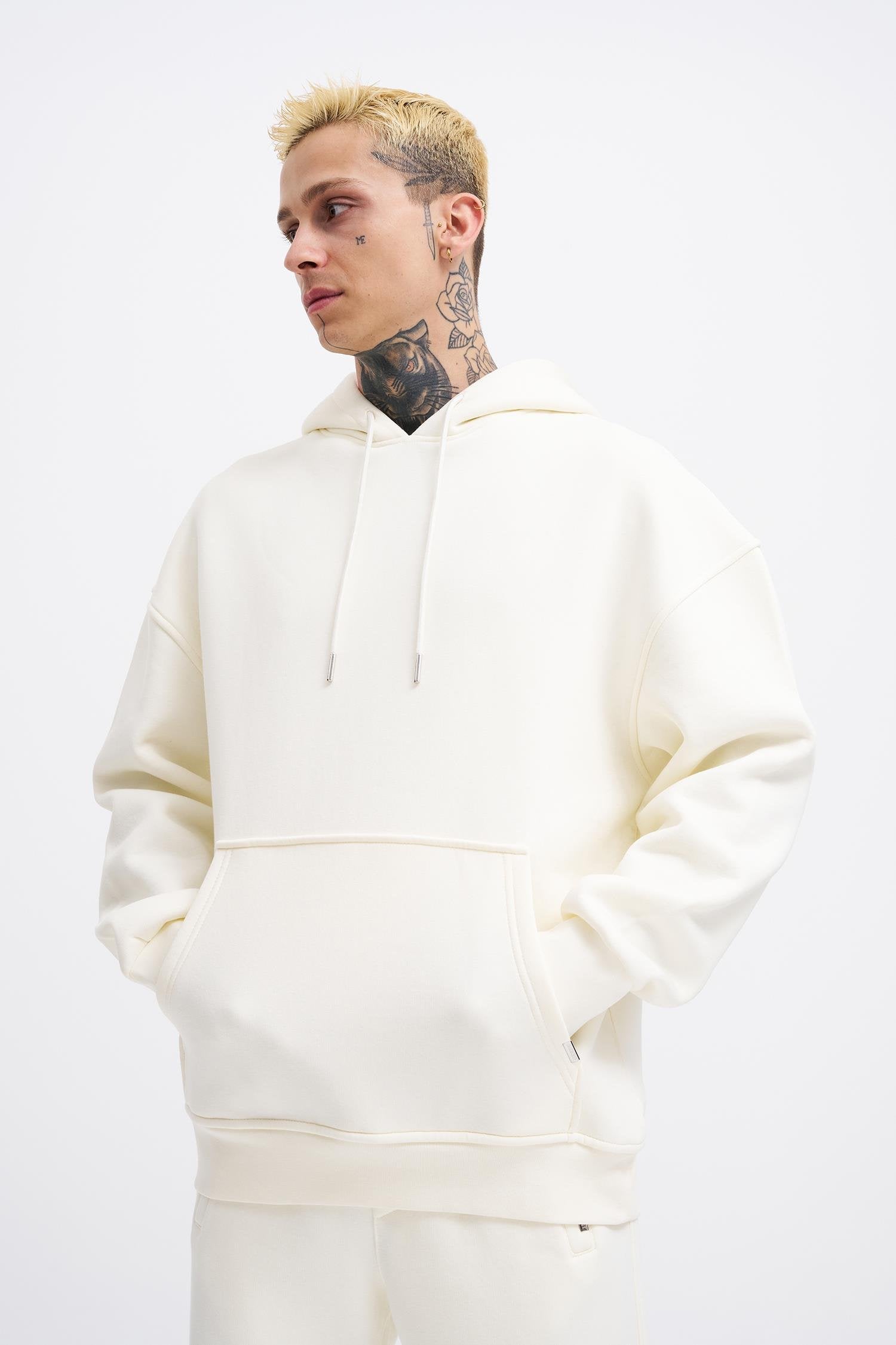 Erkek Oversize Basic Kapüşonlu Sweatshirt Ekru