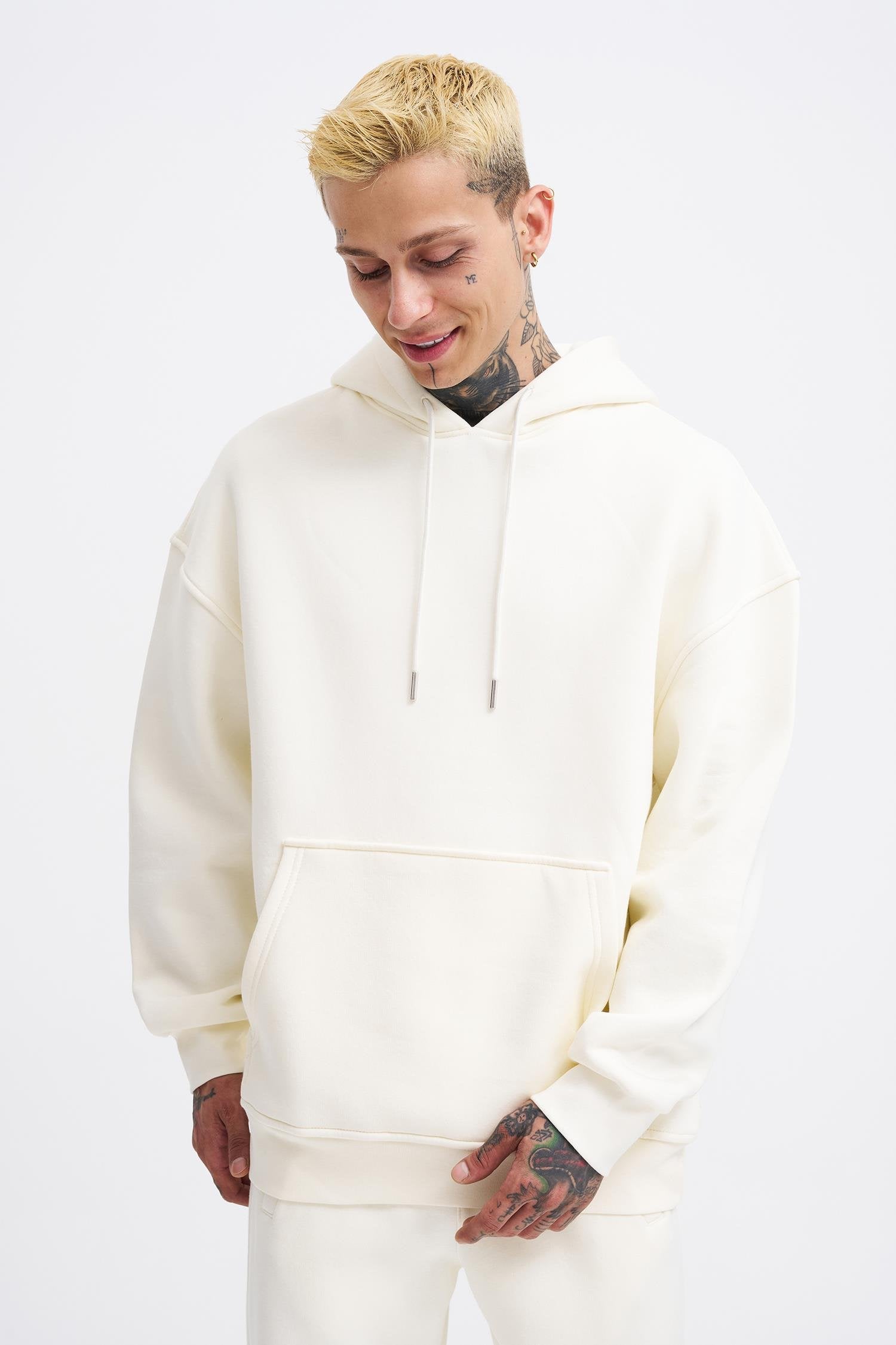 Erkek Oversize Basic Kapüşonlu Sweatshirt Ekru